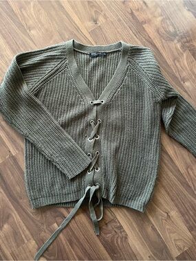 Brave Soul Olive Green Lace-Up V-Neck Sweater